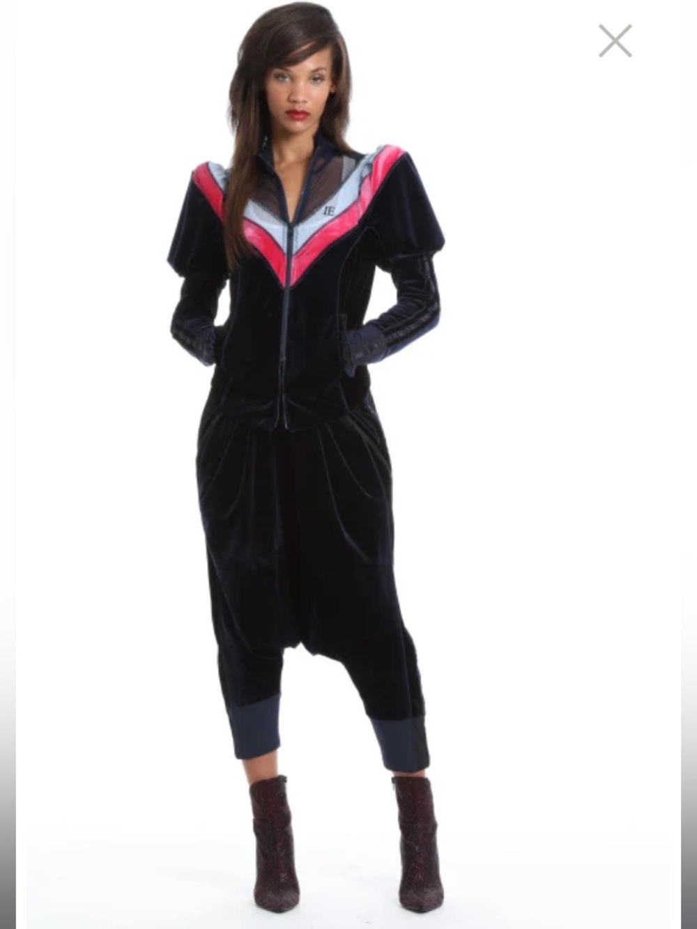 Byron Lars Black 2 piece Velvet Track Jumpsuit with Pink & Light Gray Chevron